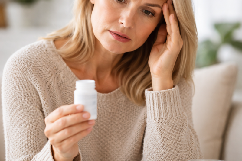 Woman experiencing anxiety while taking progesterone hormone therapy.