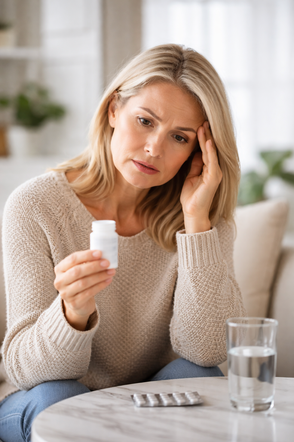 Woman experiencing anxiety while taking progesterone hormone therapy.