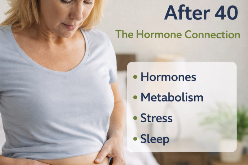 Woman over 40 holding abdomen showing menopause weight gain and hormone imbalance