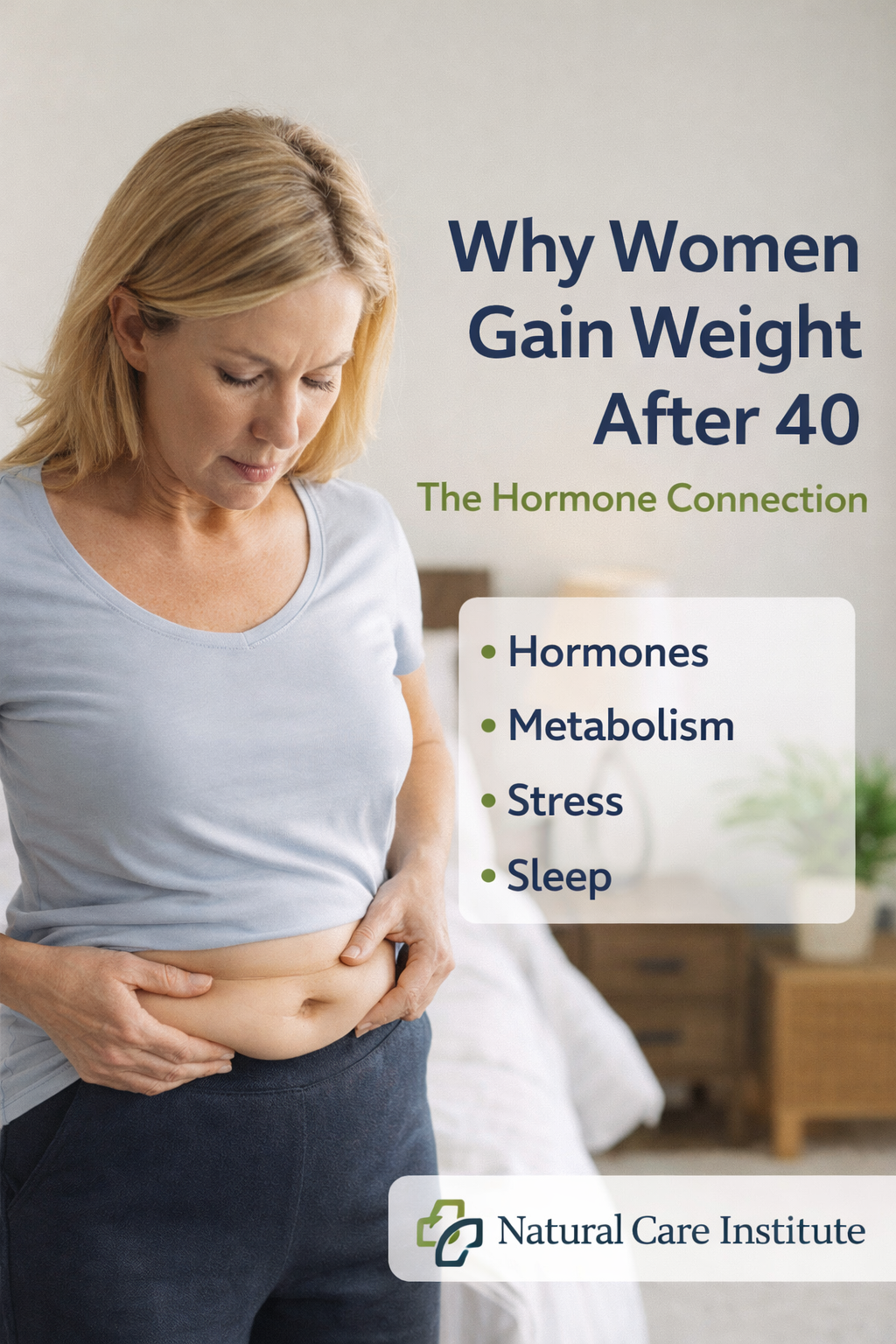 Woman over 40 holding abdomen showing menopause weight gain and hormone imbalance
