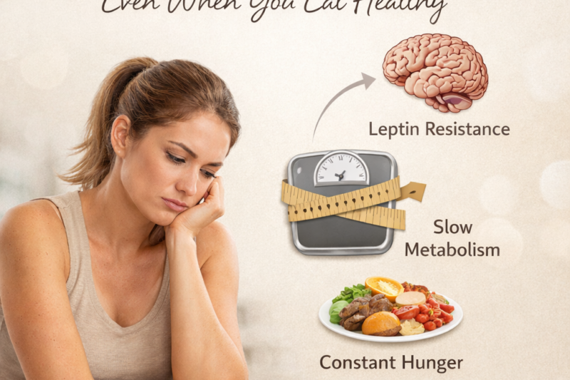 Woman struggling to lose weight despite healthy eating due to leptin resistance and hormonal imbalance