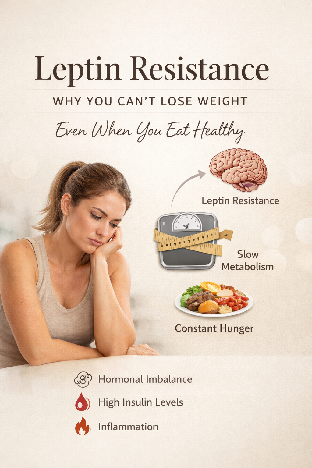 Woman struggling to lose weight despite healthy eating due to leptin resistance and hormonal imbalance