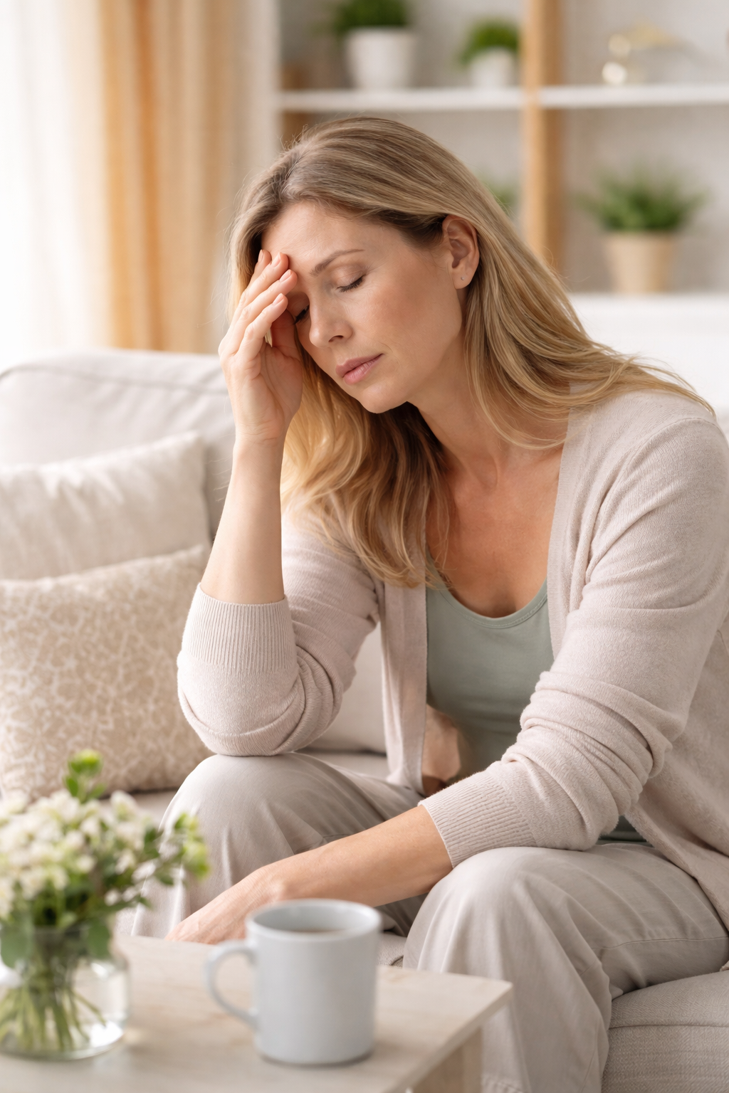 Estrogen dominance in perimenopause causing fatigue in midlife woman sitting tired on couch