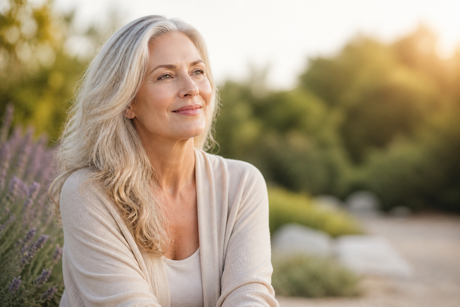 Graceful aging woman enjoying natural sunlight outdoors representing vitality and healthy aging