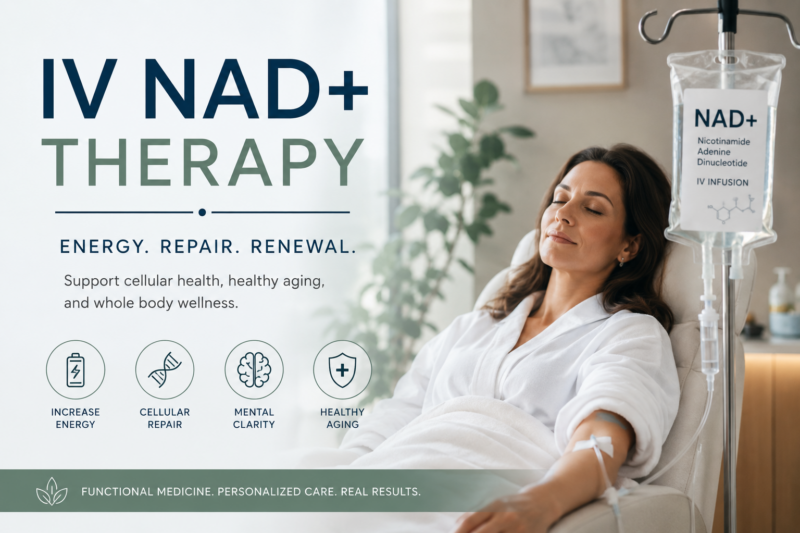 Patient receiving IV NAD therapy to support energy, cellular repair, mental clarity, healthy aging, and overall wellness.