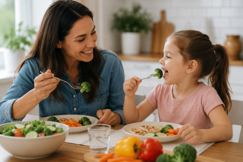 Parent supporting autism gut health with a colorful, fiber-rich meal for a child.
