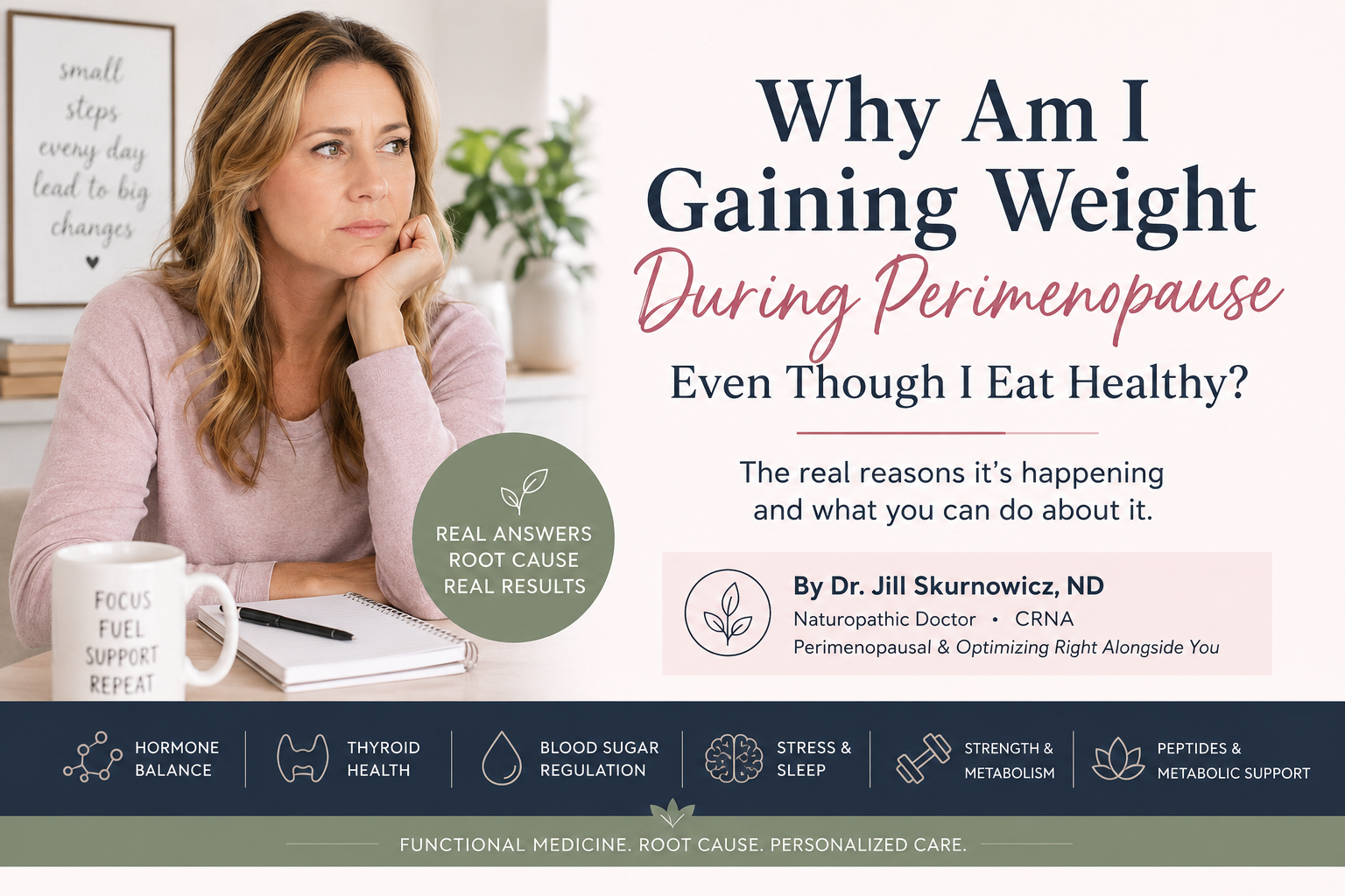 Woman struggling with weight gain during perimenopause despite healthy eating habits. Learn how hormones, thyroid function, insulin resistance, stress, and metabolism affect weight loss during perimenopause.