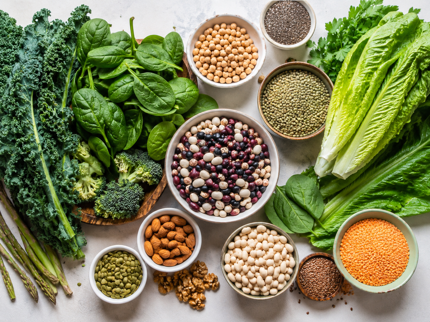 Leafy greens, beans, chickpeas, and lentils arranged as natural food sources of folate.