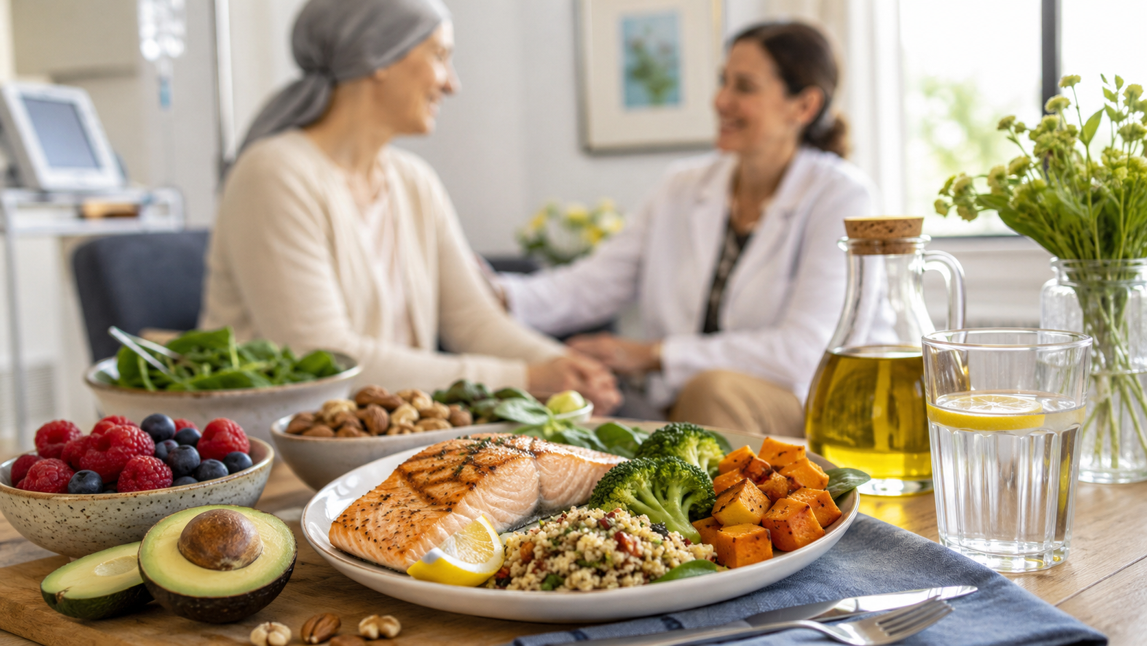 Cancer nutrition support meal with salmon, colorful vegetables, berries, avocado, olive oil, and water during treatment