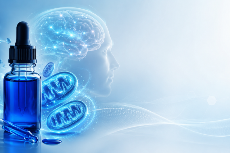 Methylene blue therapy illustration showing mitochondrial energy support and brain function