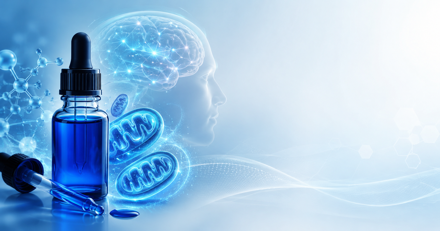Methylene blue therapy illustration showing mitochondrial energy support and brain function