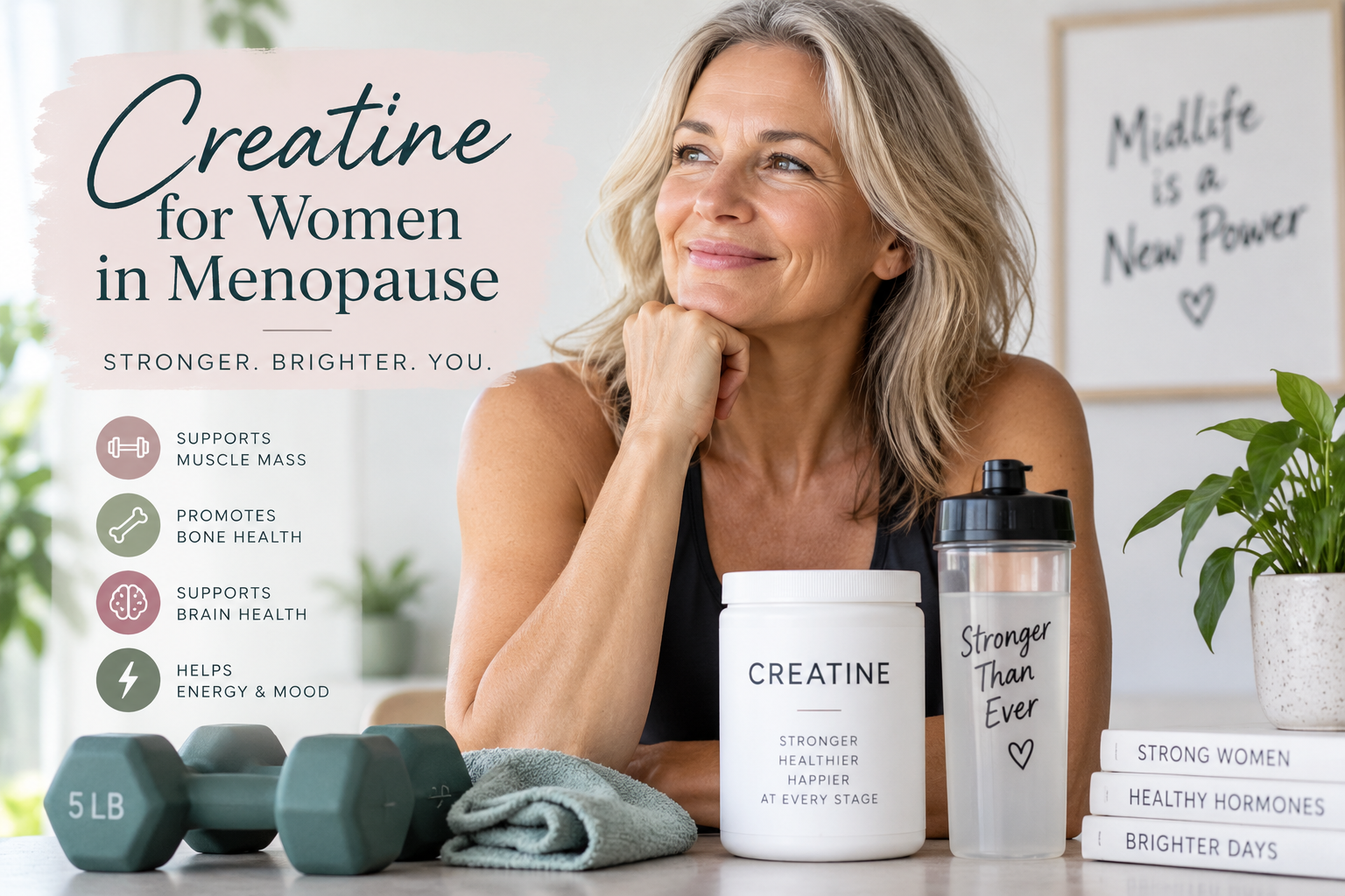 Woman in menopause using creatine to support muscle strength and healthy aging