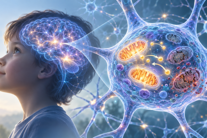 Illustration of mitochondrial dysfunction in autism showing mitochondria, cellular energy production, and activity within a child’s brain cell.