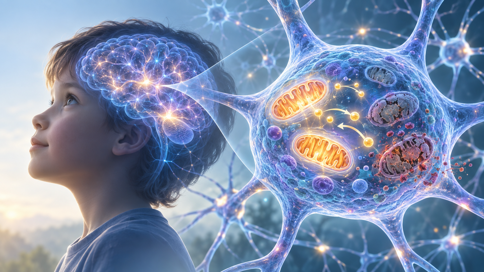 Illustration of mitochondrial dysfunction in autism showing mitochondria, cellular energy production, and activity within a child’s brain cell.