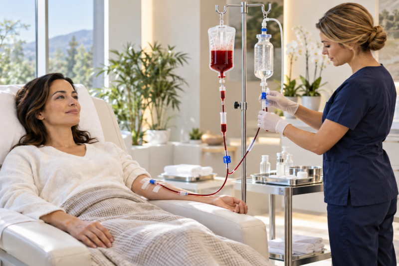 Ozone therapy in Birmingham, MI, illustrated by a patient receiving IV ozone autohemotherapy under clinical supervision at a wellness clinic.