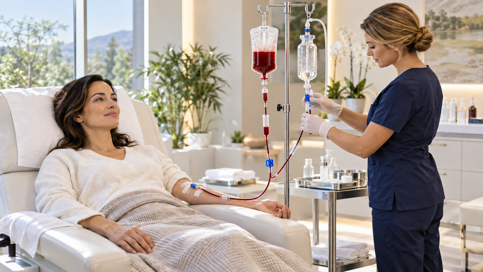 Ozone therapy in Birmingham, MI, illustrated by a patient receiving IV ozone autohemotherapy under clinical supervision at a wellness clinic.
