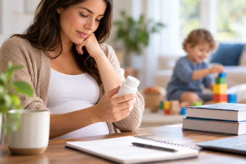 Pregnant woman reviewing medication information while her child plays in the background, illustrating research on acetaminophen use during pregnancy and autism.