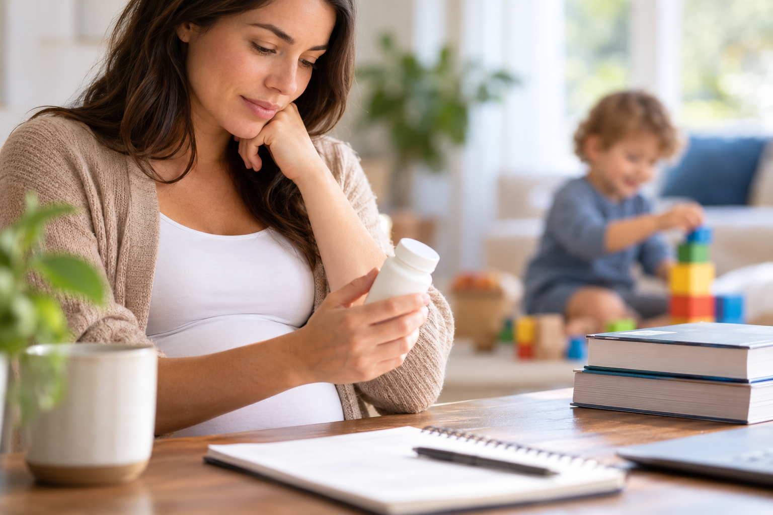 Pregnant woman reviewing medication information while her child plays in the background, illustrating research on acetaminophen use during pregnancy and autism.